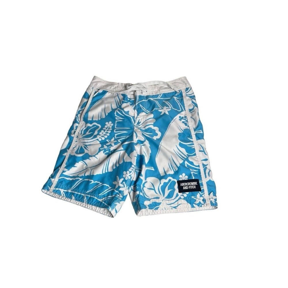 ABERCROMBIE & FITCH Mens Swim Trunks Board Shorts Blue White Floral Size Small